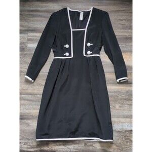 Black Long Sleeve Dress with White Trim and Decorative Buttons